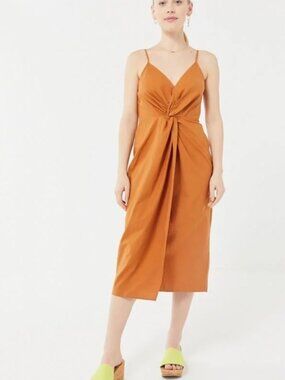 Urban Outfitters Twist-Front Wrap Midi Dress in Brown Size XS Women's